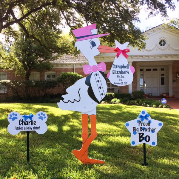Pink Stork with Dog Bone and Sibling Star - Stork Sign Rental, Plant City, FL