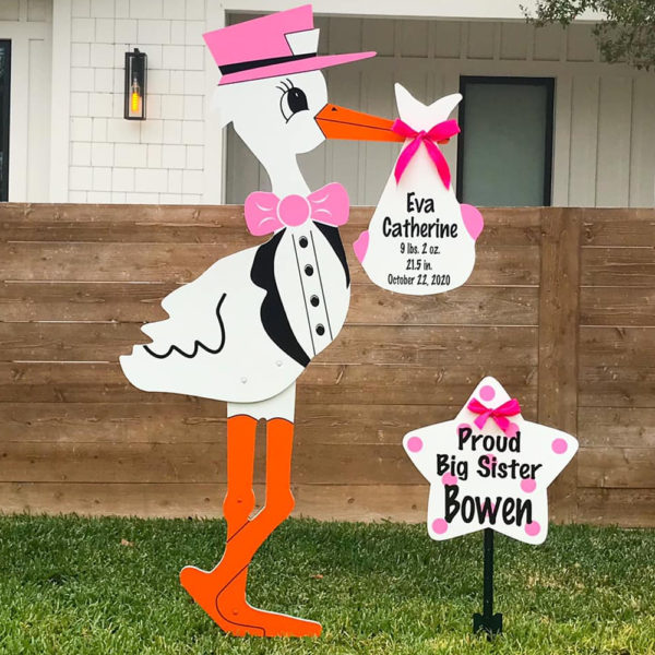 Pink Stork with Sibling Star - Stork Sign Rental, Plant City, FL