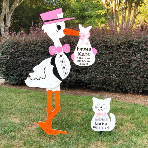 Pink Stork with Cat Sign - Stork Sign Rental, Plant City, FL